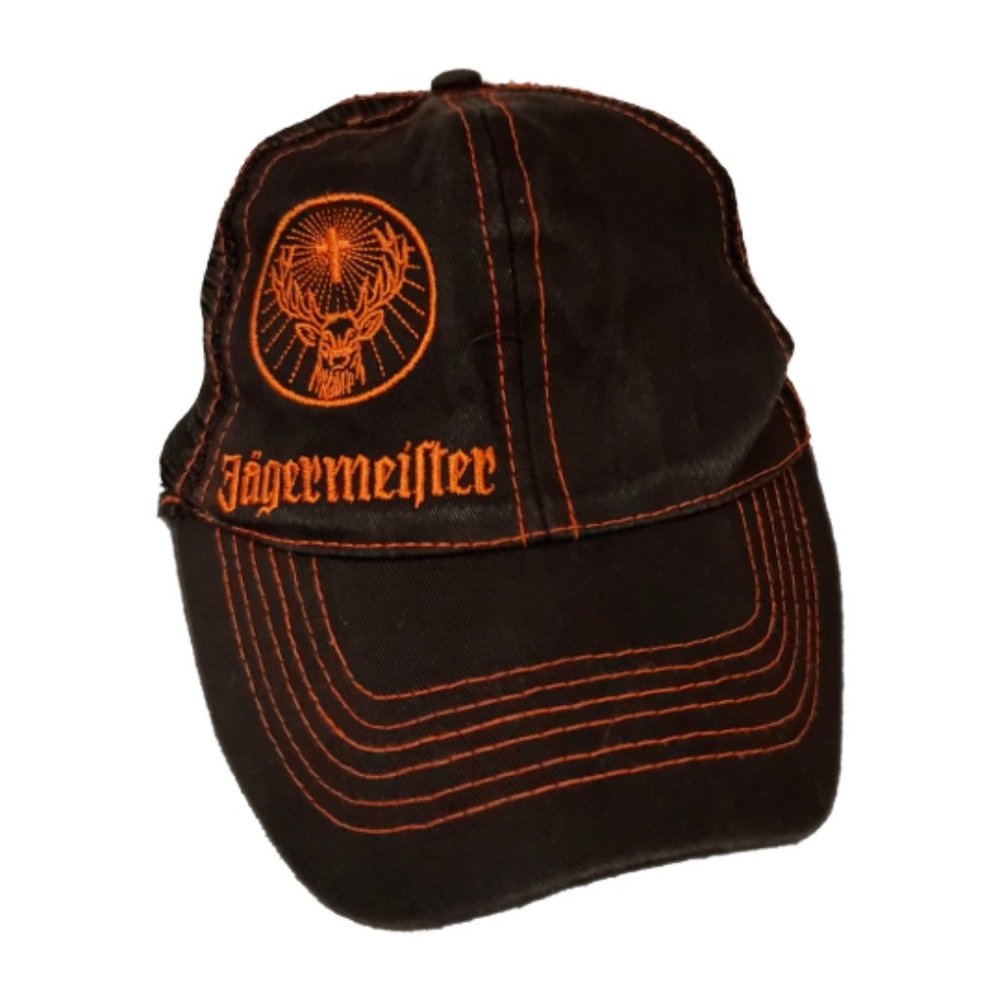 Jagermeister Logo Hat Black & Orange Off Center Trucker Style Mesh Snapback Cap